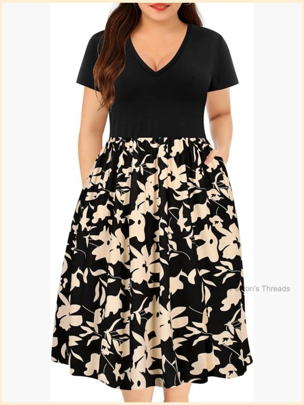 Plus Size Short Sleeve V Neck High Waisted A-Line Dress